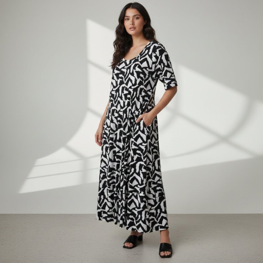 Q'Neel Nordic Design Womens 22 Scoop  Neck Abstract Print Lagenlook Midi Dress